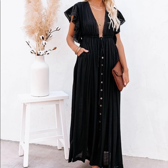 New Bohemian Long Black Gauze Button Front Flutter Maxi Summer Dress - Picture 9 of 11